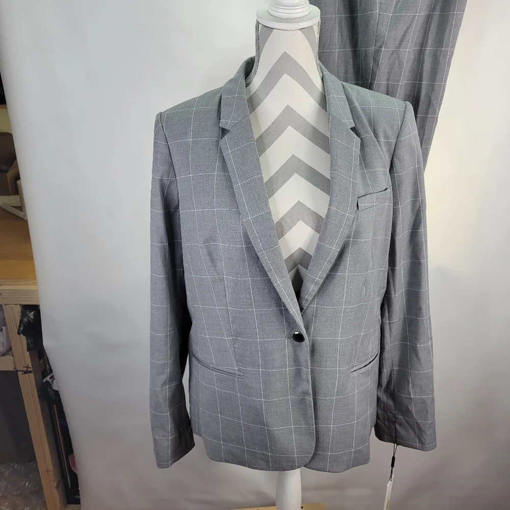 NWT Calvin Klein 2 Piece Gray White Plaid Suit Jacket & Pants w Belt Size 16 - Picture 2 of 16